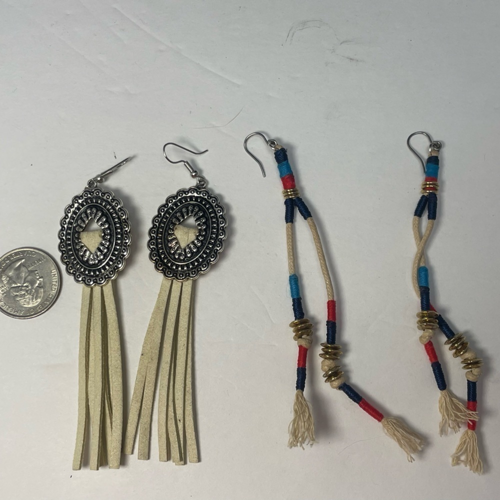 2 pair Southwestern Style Earrings- leather and silver tone and rope